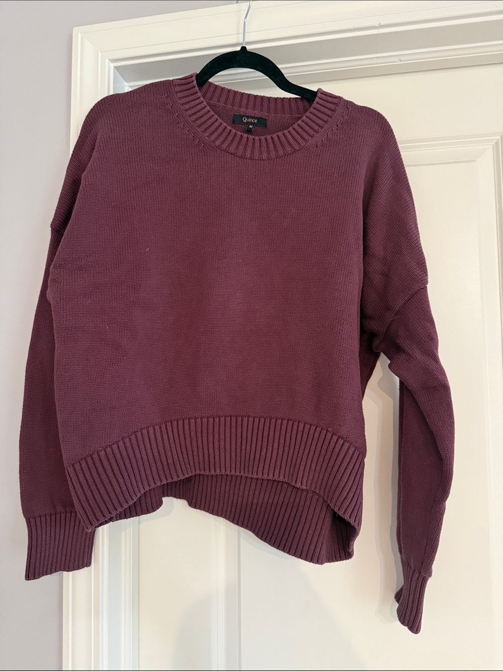 Quince Plum Orgwnic Cotton Boufriend Crewneck Sweater — Relaxed Ribbed Hem